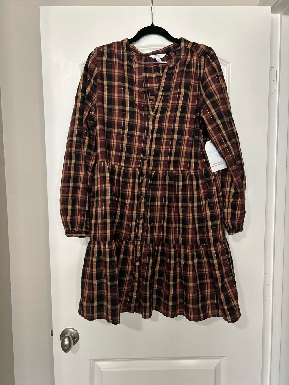 Time and Tru Burgundy and Brown Plaid Tiered Button-Front Dress